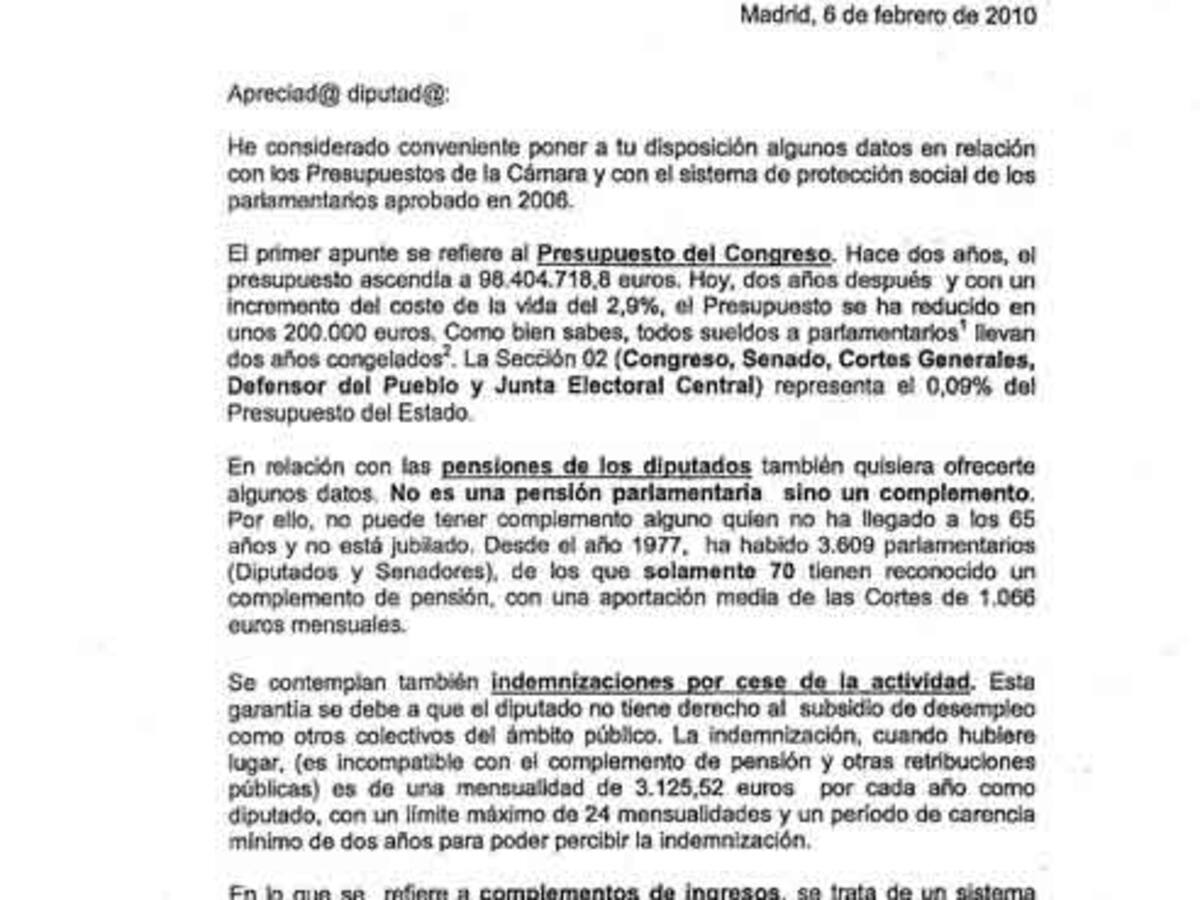 Bono defiende los sueldos y pensiones de los diputados
