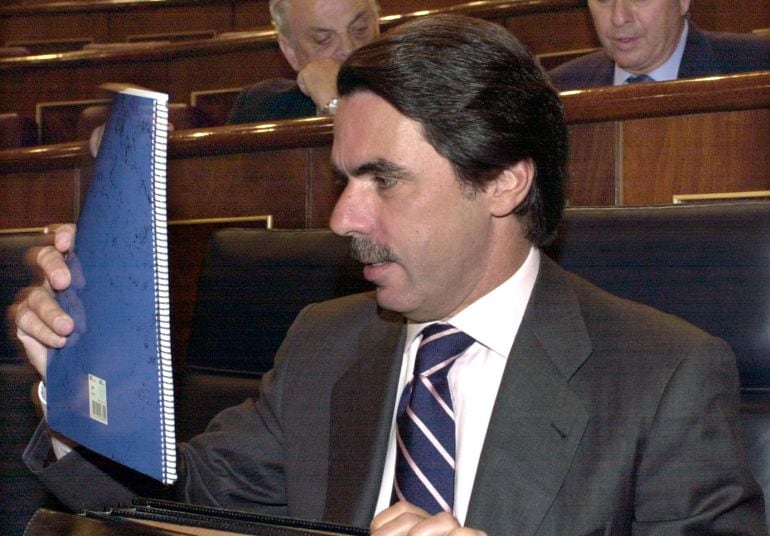 El presidente del Gobierno, José María Aznar, saca de la cartera su cuaderno azul antes del comienzo de la sesión del Debate sobre el estado de la Nación el 27 de junio de 2001.