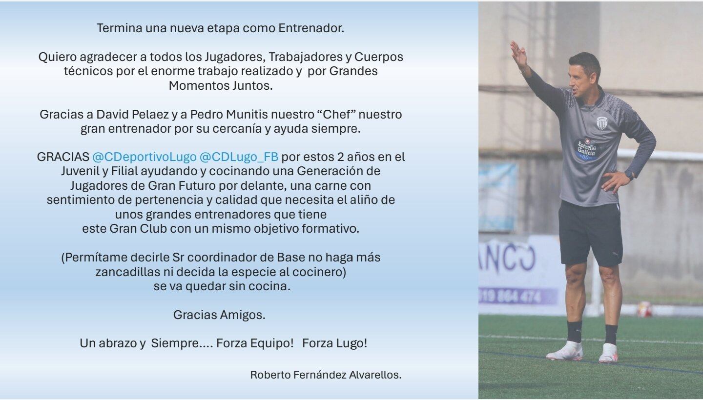 Comunicado de despedida de Roberto Fernández como entrenador del CD Lugo B