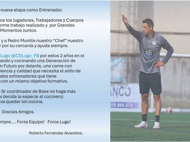 Comunicado de despedida de Roberto Fernández como entrenador del CD Lugo B