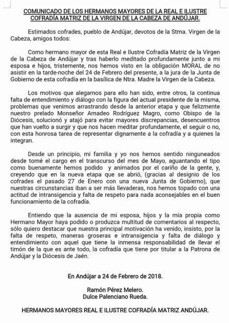 Comunicado de los Hermanos Mayores de la Real e Ilustre Cofradía Matriz de la Virgen de la Cabeza de Andújar