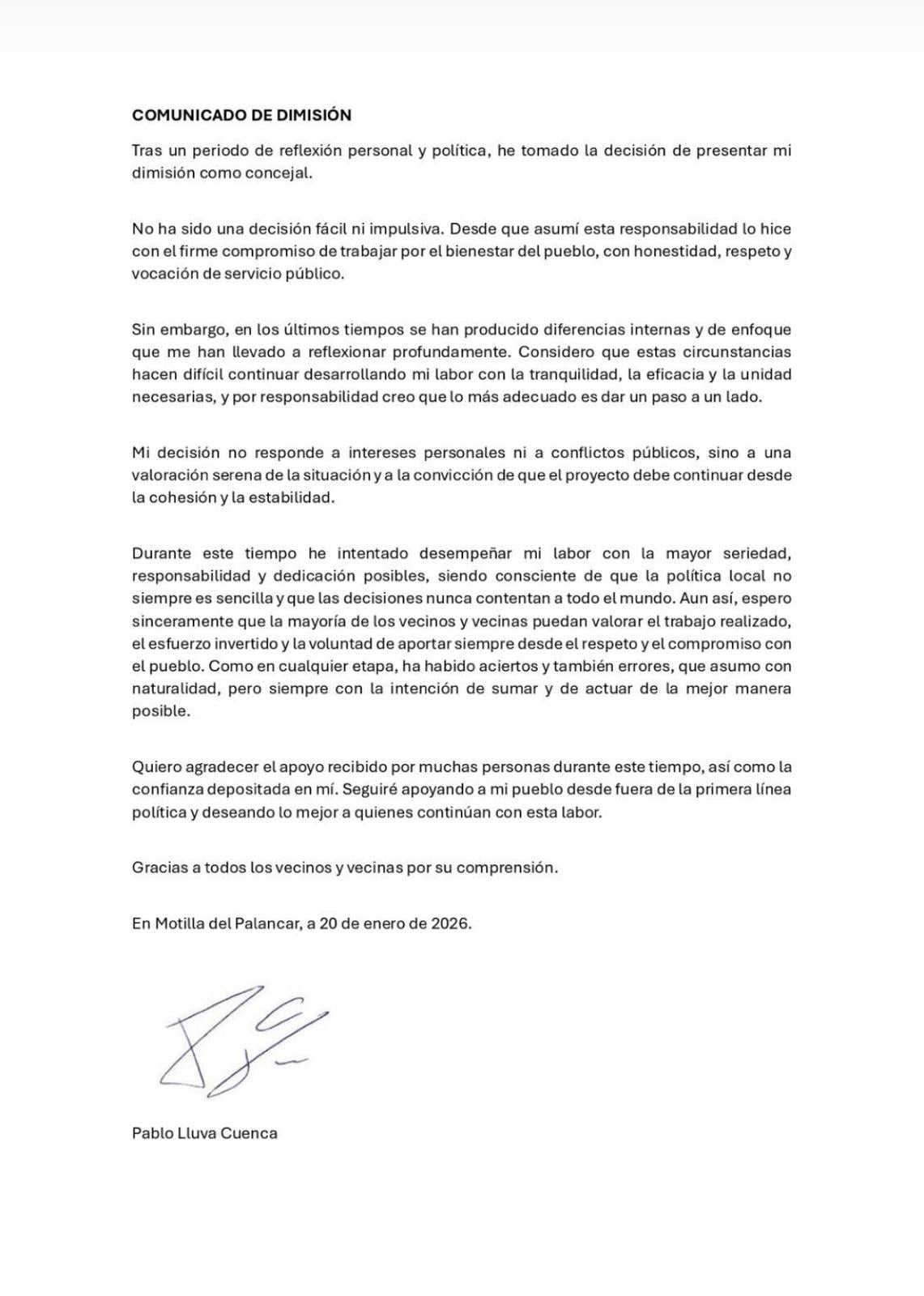 Comunicado dimisión Pablo Lluva