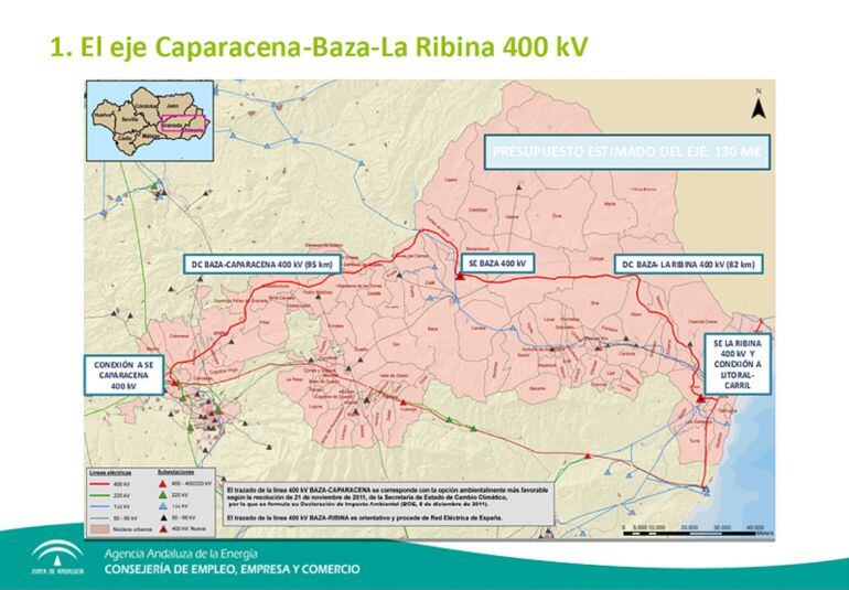 Mapa del eje eléctrico que pasa por la comarca de Guadix.