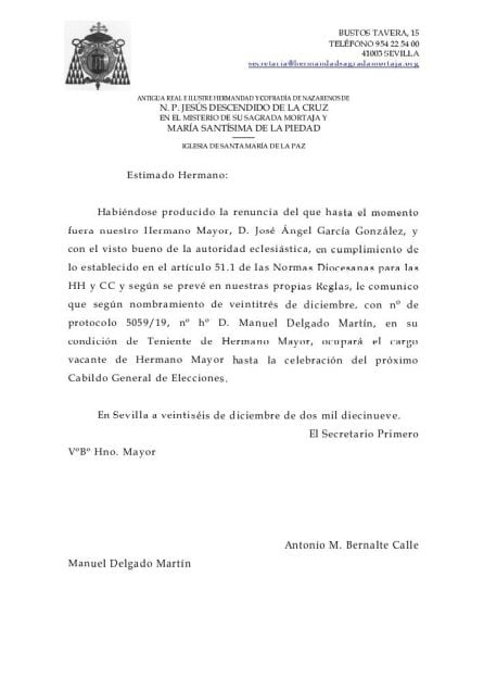 Comunicado oficial de la Sagrada Mortaja, publicado este jueves en sus redes sociales