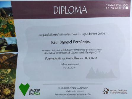 Diploma acreditativo enviado a uno de los Padrinos de la Fuente Agria de Puertollano