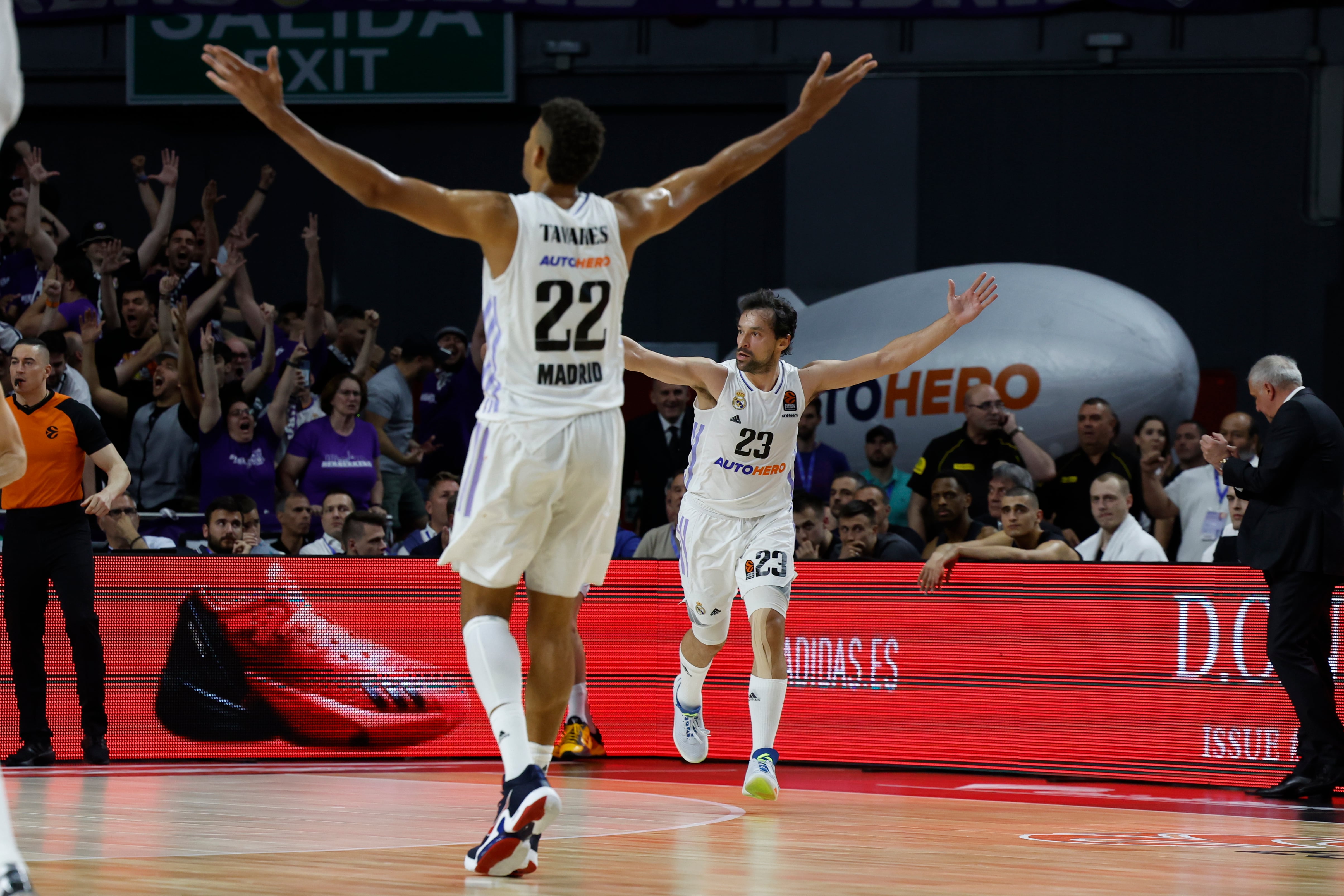 Sergio Llull y Tavares durante un partidod e la Euroliga antes de la semifinal entre Real Madrid y Barça. EFE / Juanjo Martín.