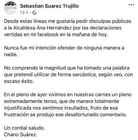 Publicación de disculpas del edil