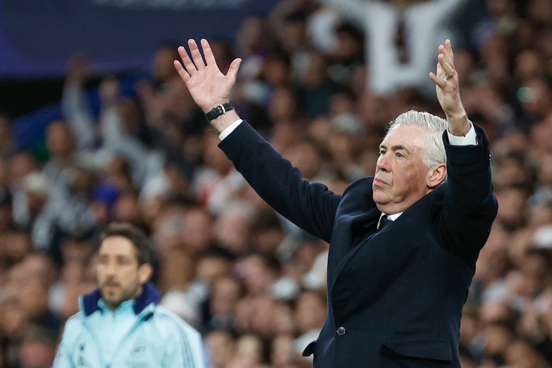 El entrenador del Real Madrid Carlo Ancelotti, en el partido de vuelta de cuartos de final de Champions ante el Arsenal