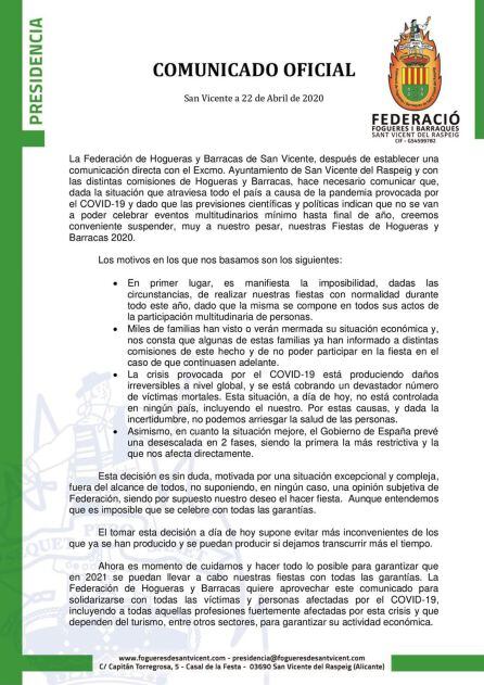 Comunicado de la Federación Hogueras y Barracas de San Vicente del Raspeig