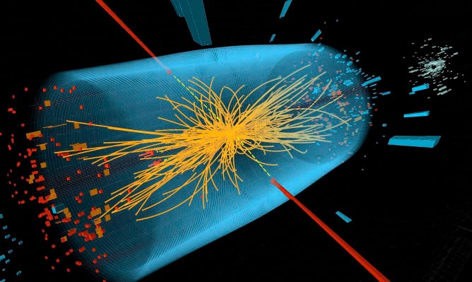 Imagen generada por ordenador y dirtribuida por el Laboratorio Europeo de Física de Partículas (CERN), que muestra una colisión entre protones en el experimento del CERN en busca del &quot;bosón de Higgs&quot;