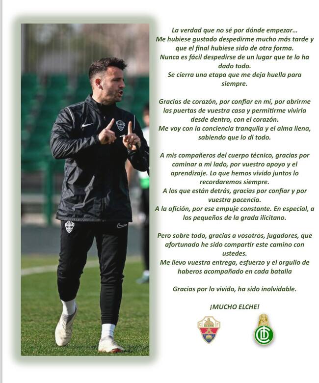 La carta de Ángel Donato para despedirse del Elche CF y de su afición