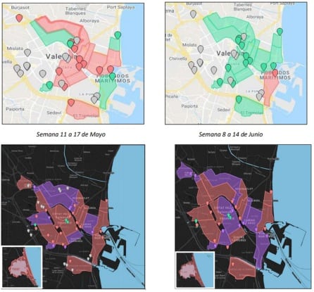 Mapas de evolución del coronavirus en las aguas residuales en la semana del 11 al 17 de mayo (I), del 8 al 14 de junio (II), del 31 de agosto al 6 de septiembre (III) y el miércoles 16 de septiembre (IV).