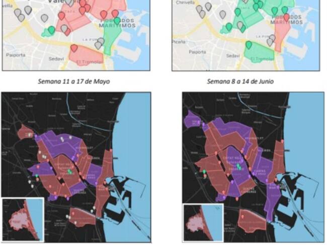 Mapas de evolución del coronavirus en las aguas residuales en la semana del 11 al 17 de mayo (I), del 8 al 14 de junio (II), del 31 de agosto al 6 de septiembre (III) y el miércoles 16 de septiembre (IV).