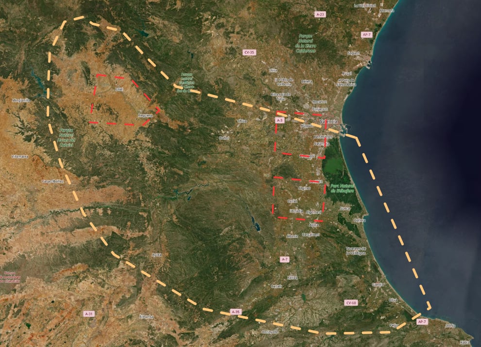 Zona delimitada por los satélites europeos con las poblaciones más afectadas por el paso de la DANA en la Comunidad Valenciana