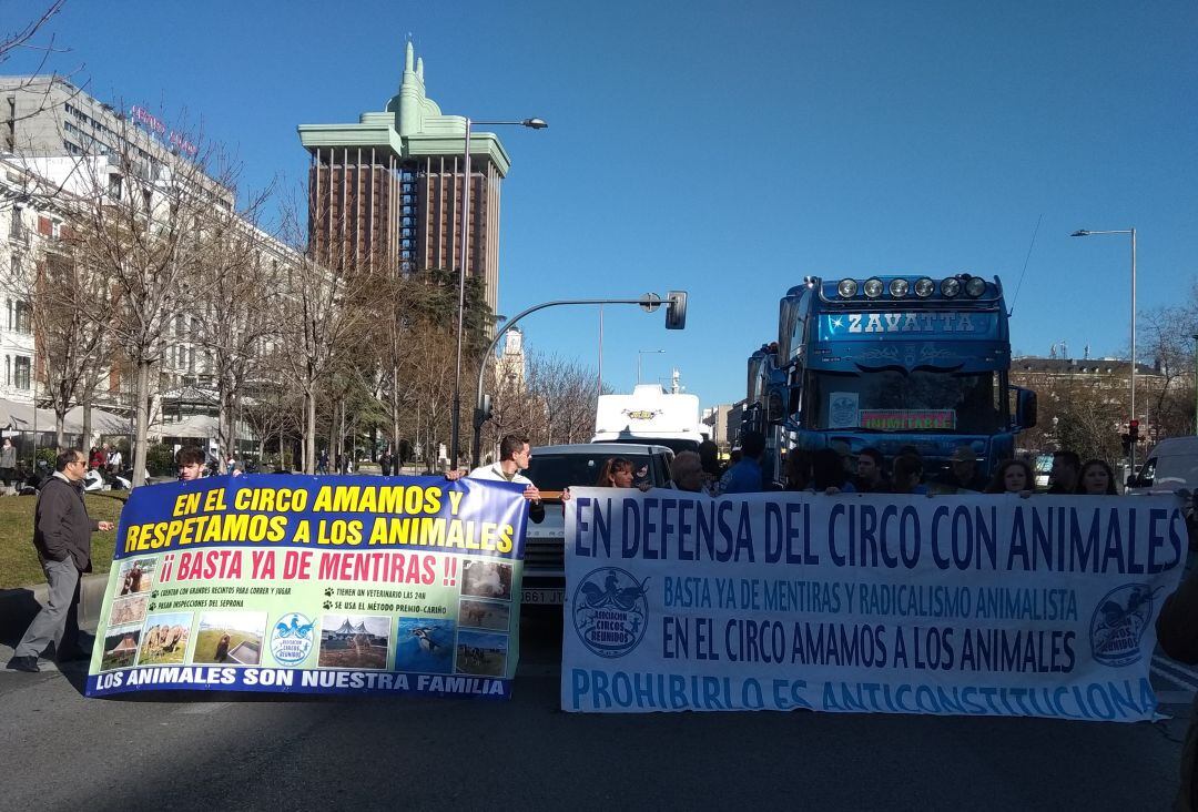 Trabajadores del circo con animales manifestándose con sus camiones en la Castellana. 