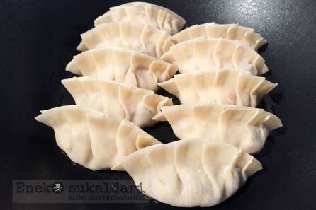 Cuando tengamos listas todas las gyozas ponemos una cucharada de aceite en el culo de la sartén y a fuego medio vamos cocinando por tandas de 10 gyozas