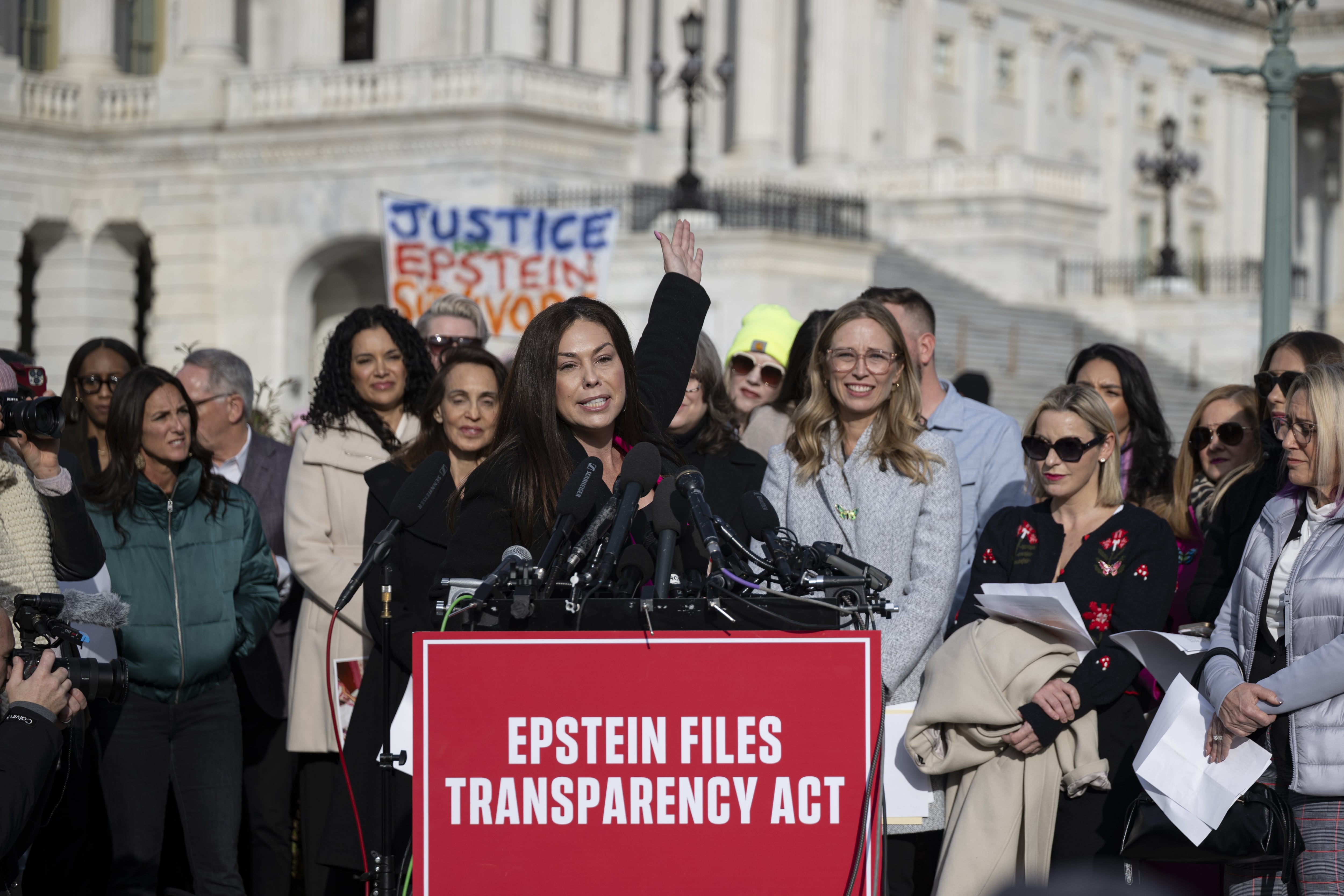 WASHINGTON DC, UNITED STATES - NOVEMBER 18: Haley Robson, who says she was assaulted by Jeffrey Epstein when she was 16, speaks during the press conference on the Epstein Files Transparency Act at the US Capitol in Washington, DC, on November 18, 2025. (Photo by Celal Gunes/Anadolu via Getty Images)