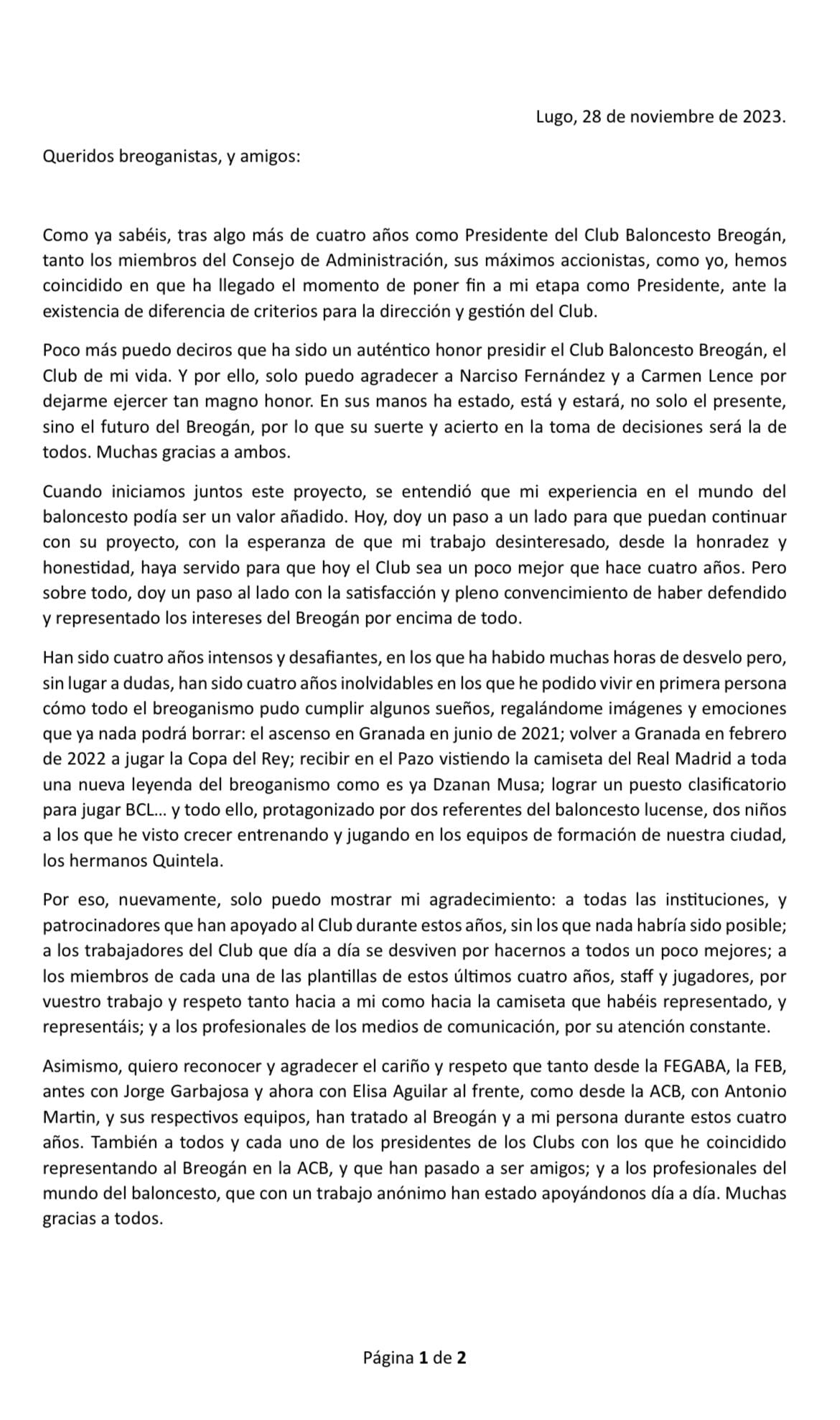 Comunicado de José Antonio Caneda tras su marcha del Río Breogán