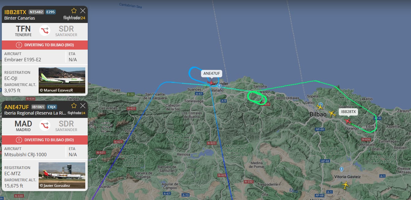 El Binter desviado a Bilbao se alinea con la pista mientras el Air Nostrum espera en el aire sobre Santander. Fuente: FlightRadar24.