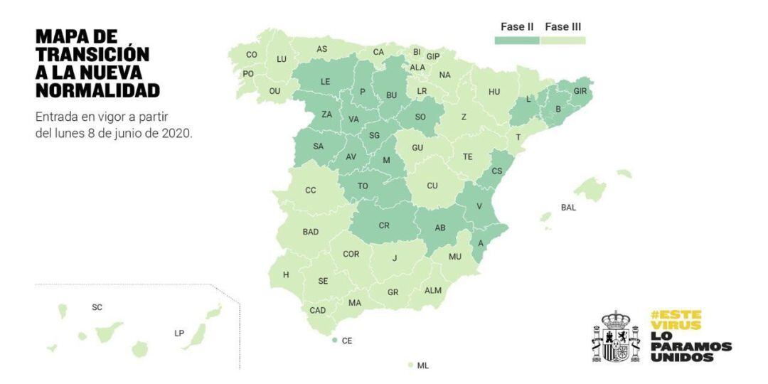 Mapa con los cambios de fase autorizados este viernes por el Gobierno a partir del próximo lunes en todas las comunidades españolas