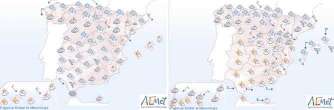 El mapa de España con la previsión del tiempo para este viernes (izquierda) y este sábado (derecha)