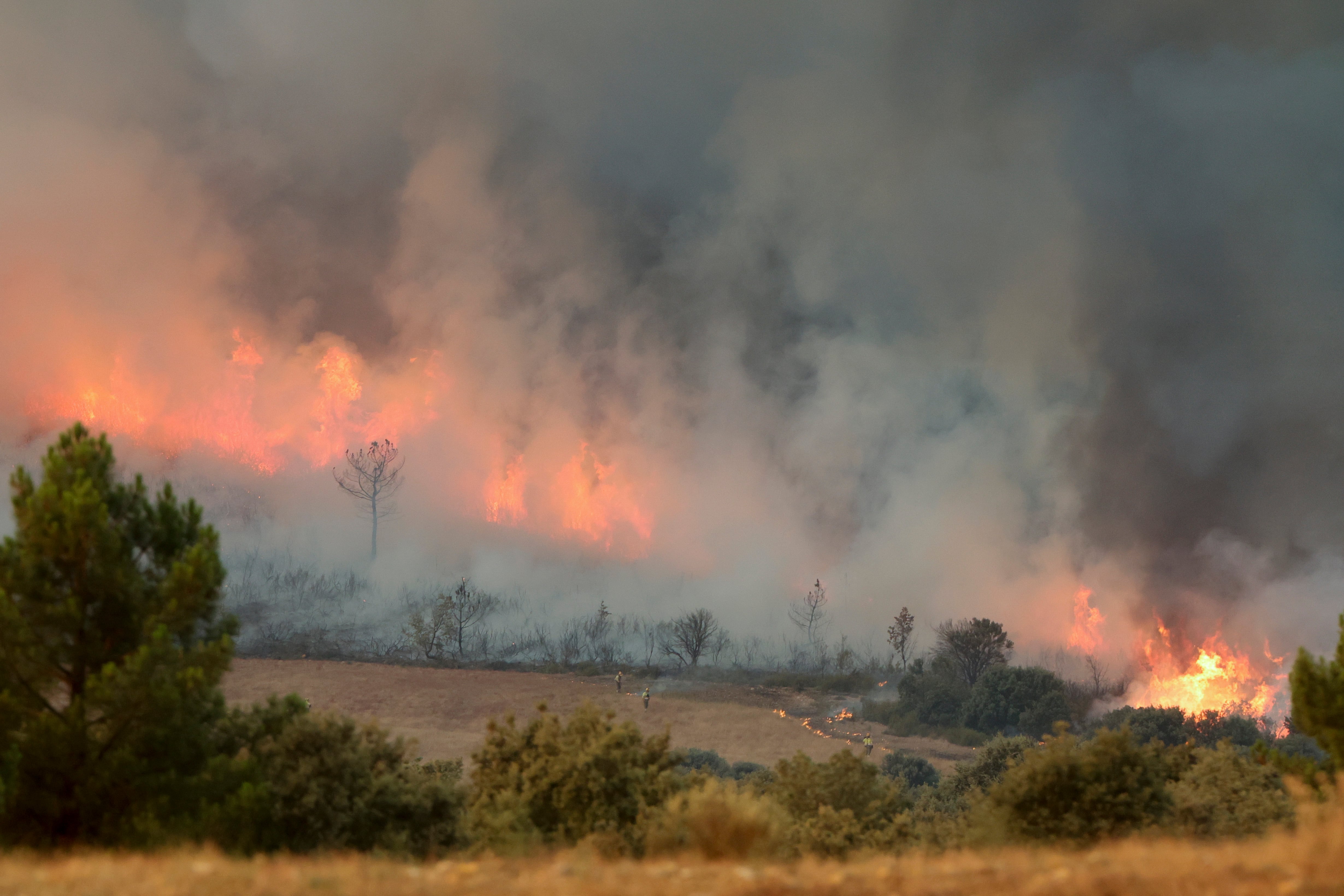 -FOTODELDÍA- MONSAGRO (SALAMANCA), 15/07/2022.- Llamas del incendio de Monsagro que los vientos cambiantes y el fuerte calor mantienen activo y dificultan su estabilización, este viernes en Salamanca. Dos nuevos focos han obligado esta mañana a desalojar a los en torno 400 vecinos de los municipios de Morasverdes y Guadapero. EFE/ J.M.García
