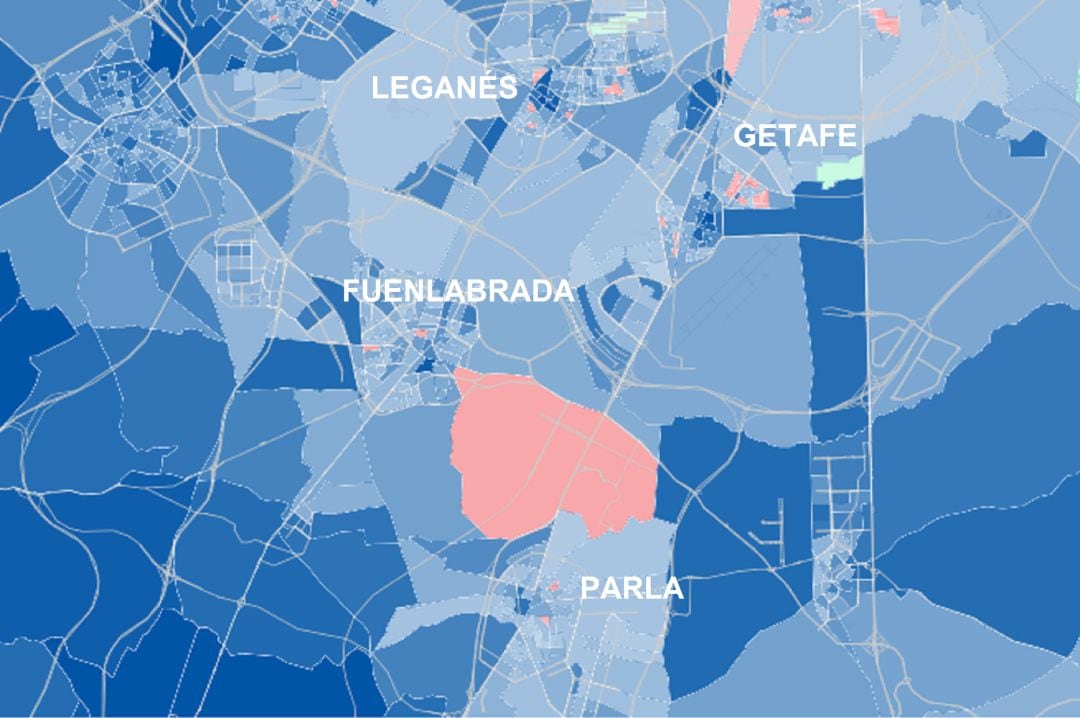 Mapa elaborado por el diario El País con el sur de Madrid teñido de azul y apenas unos puntos rojos y verdes en los grandes municipios.