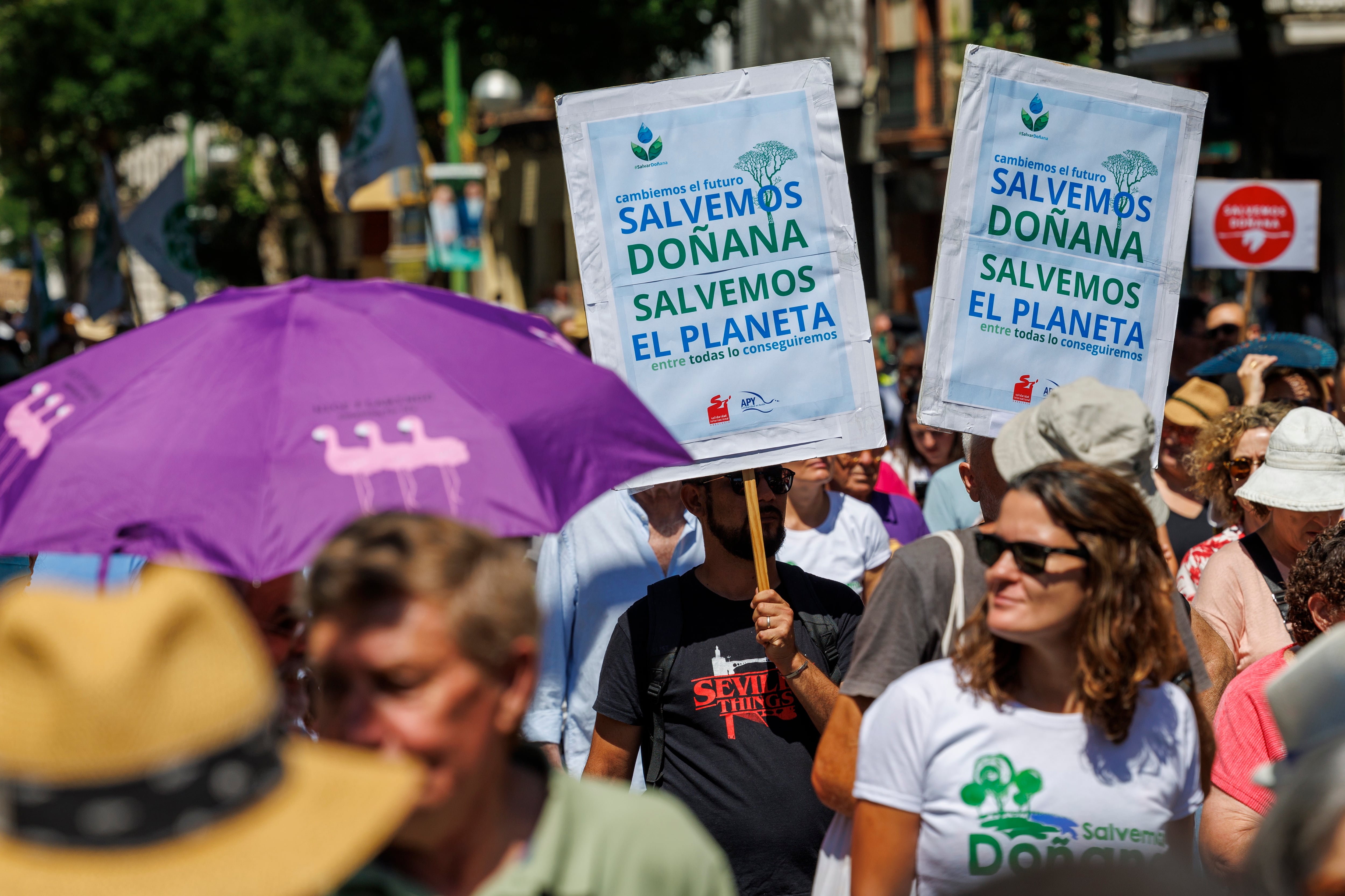 Unos dos millares de manifestantes convocados por la plataforma &#039;Salvemos Doñana&#039; han marchado hoy domingo hasta el Parlamento de Andalucía en Sevilla para exigir que el gobierno autonómico rectifique la norma que regulariza los regadíos en la corona norte del parque y tramita el Parlamento andaluz. EFE/ Julio Muñoz