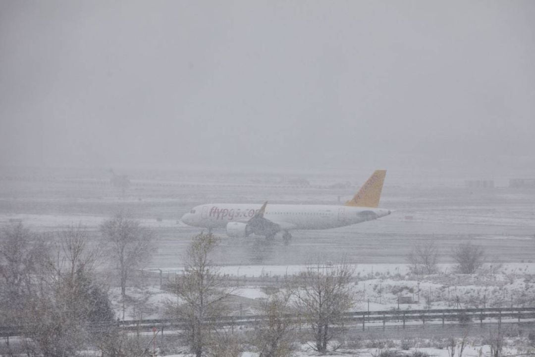 Un avión de la compañía Flypgs en el Aeropuerto de Madrid-Barajas Adolfo Suárez, en Madrid (España), a 8 de enero de 2021 