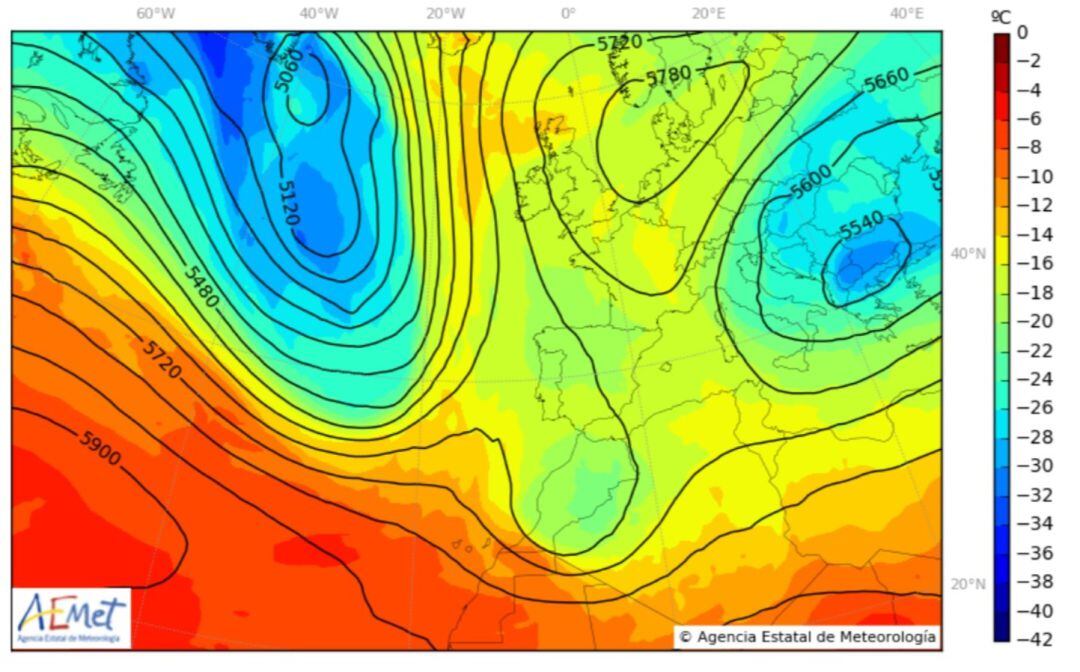 Temperatura y Geopotencial para el 16 de noviembre a las 19.00 horas. 