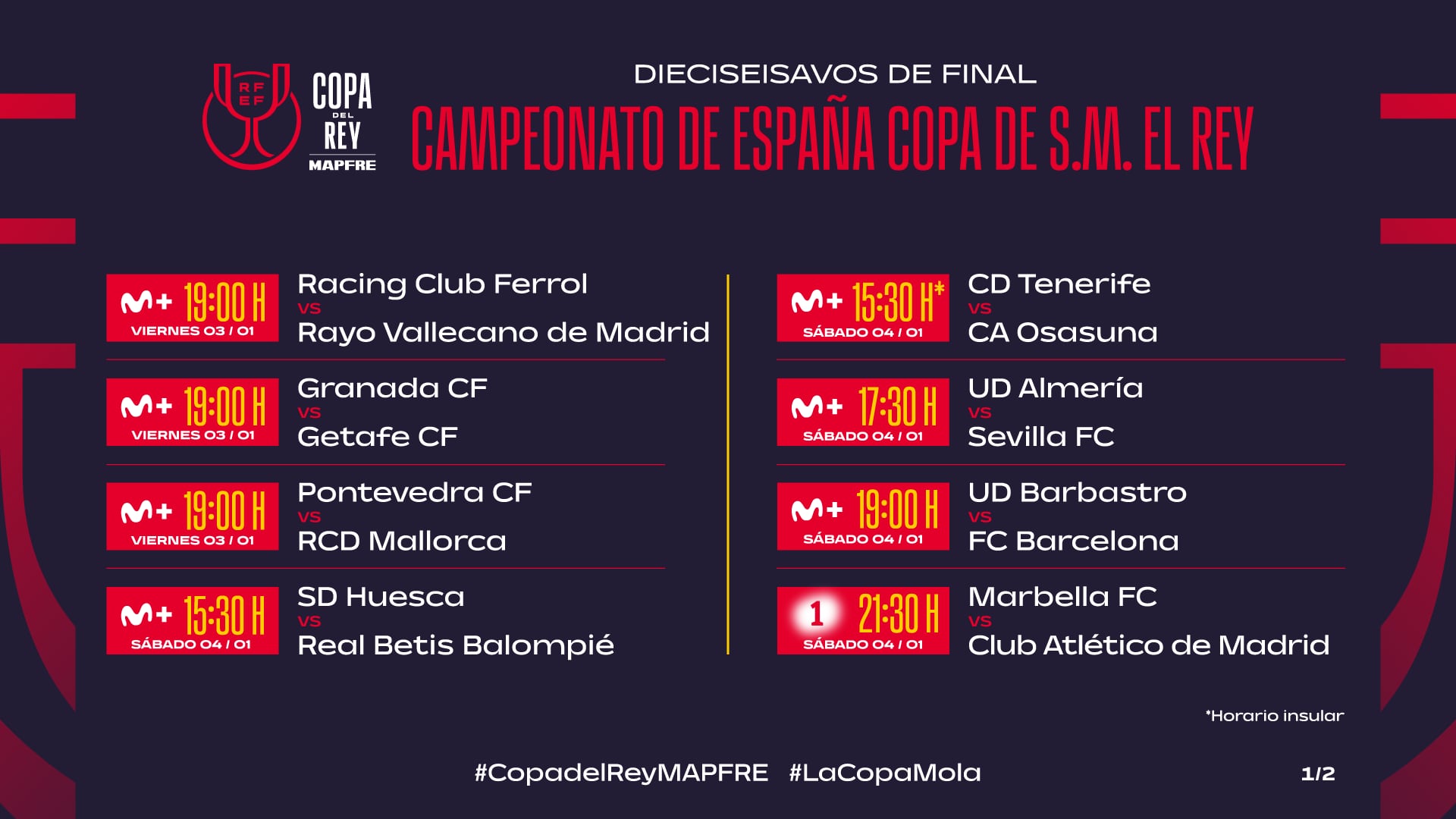 El panel de partidos de Copa donde aparece el Almería-Sevilla.