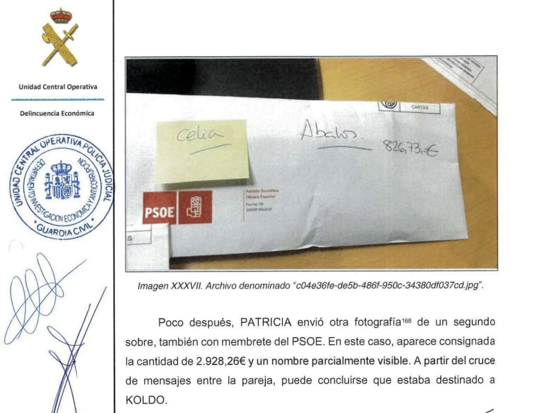 Captura del documento de la UCO donde se adjunta una fotografía de un sobre con el logo del PSOE con dinero para Ábalos