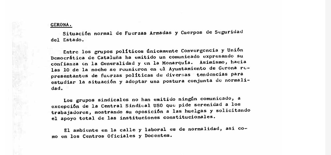 Document desclassificat que parla de com es va viure a Girona el 23-F