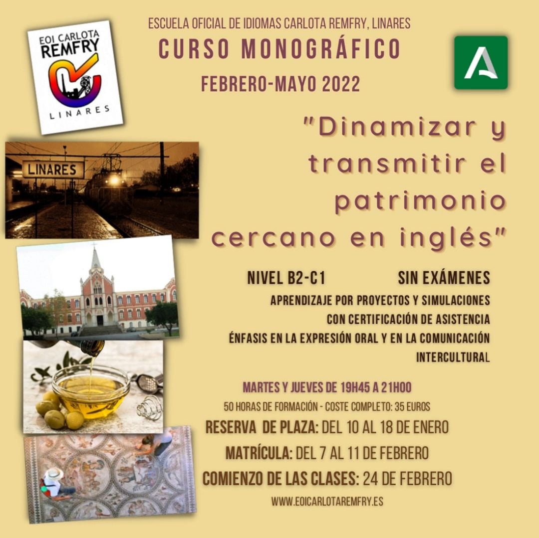 Cartel del curso monográfico programado por la EOI Carlota Remfry de Linares.