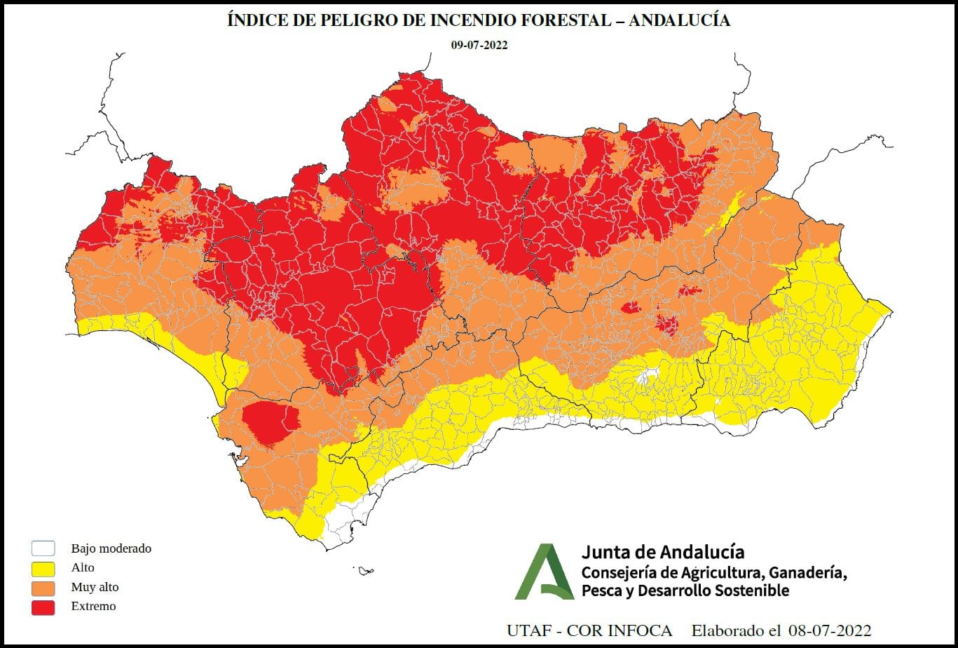 Mapa de riesgo de incendios forestales en Andalucía