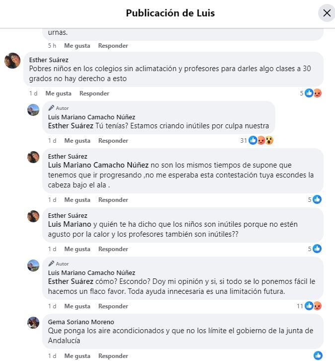 Captura de pantalla del perfil de Facebook de Luis Mariano Camacho, alcalde de Bailén