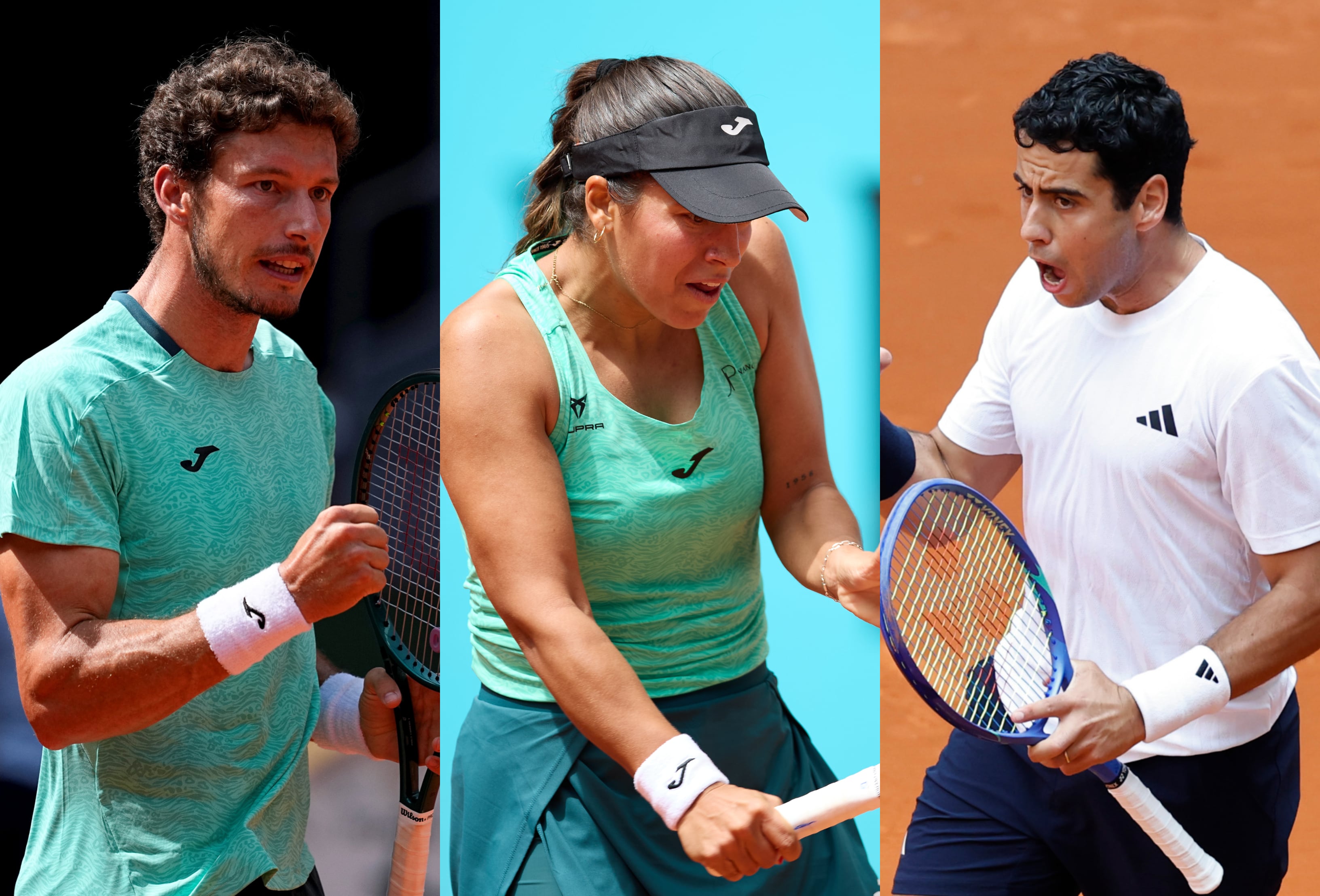 Pablo Carreño, Jessica Bouzas y Jaume Munar en un montaje de imágenes durante el Mutua Madrid Open