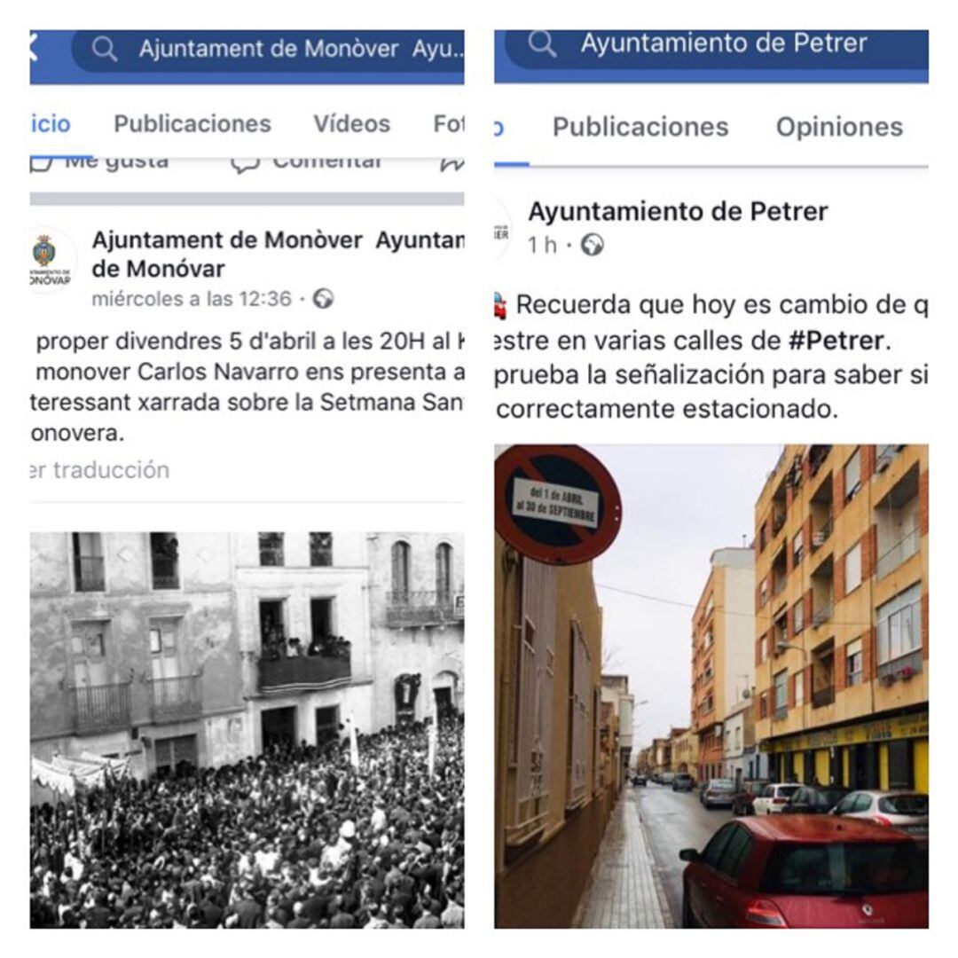 Páginas de facebook de Monóvar y Petrer