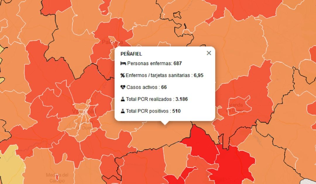 Mapa de incidencia de la Covid-19 en la ZBS de Peñafiel en cuanto a casos activos a fecha de miércoles 27 de enero.