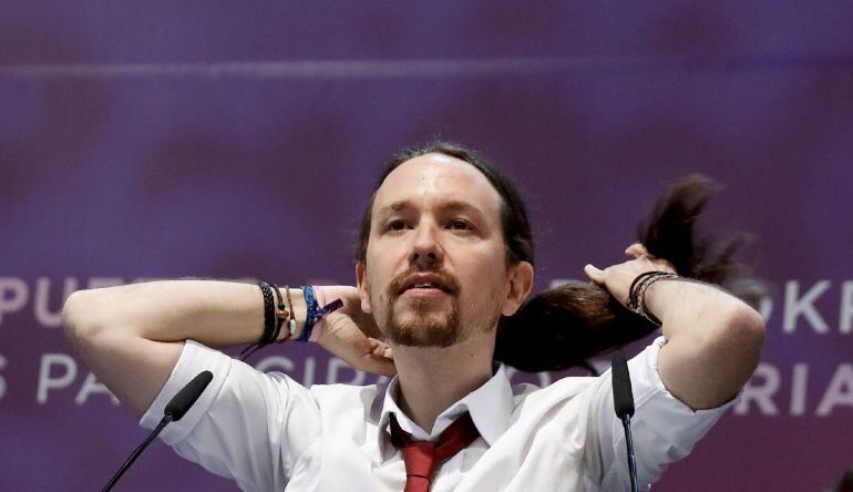 El líder de Podemos, Pablo Iglesias, durante la segunda jornada de la Asamblea Ciudadana Estatal de Vistalegre II que se celebra en Madrid.