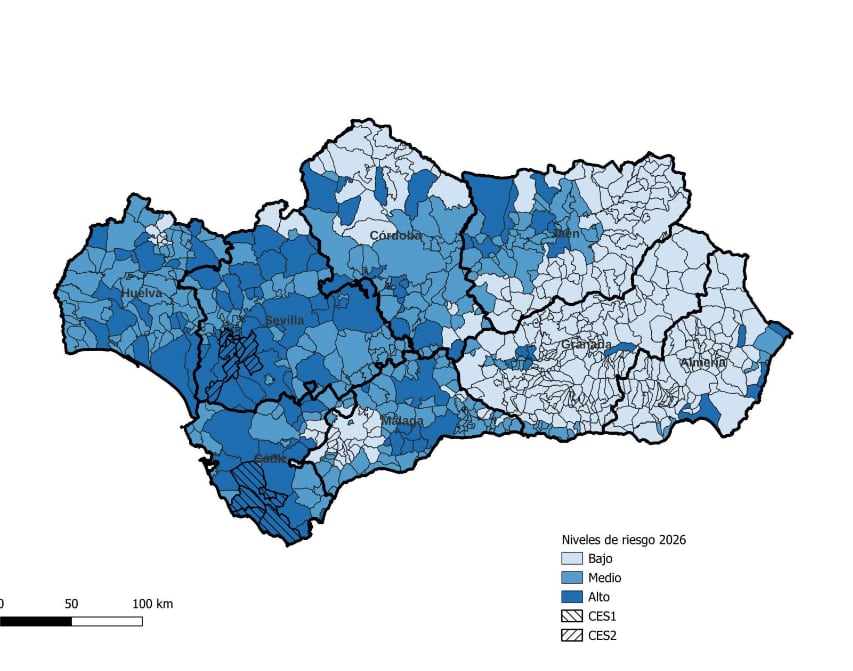 Niveles de riesgo de transmisión del Virus del Nilo en Andalucía a marzo de 2026