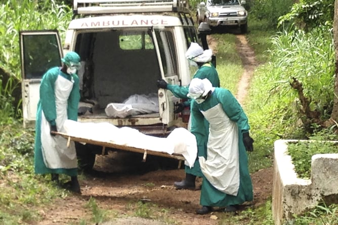 Enfermeros transportan el cuerpo de una víctima del virus del ébola en Kenema (Sierra Leone)