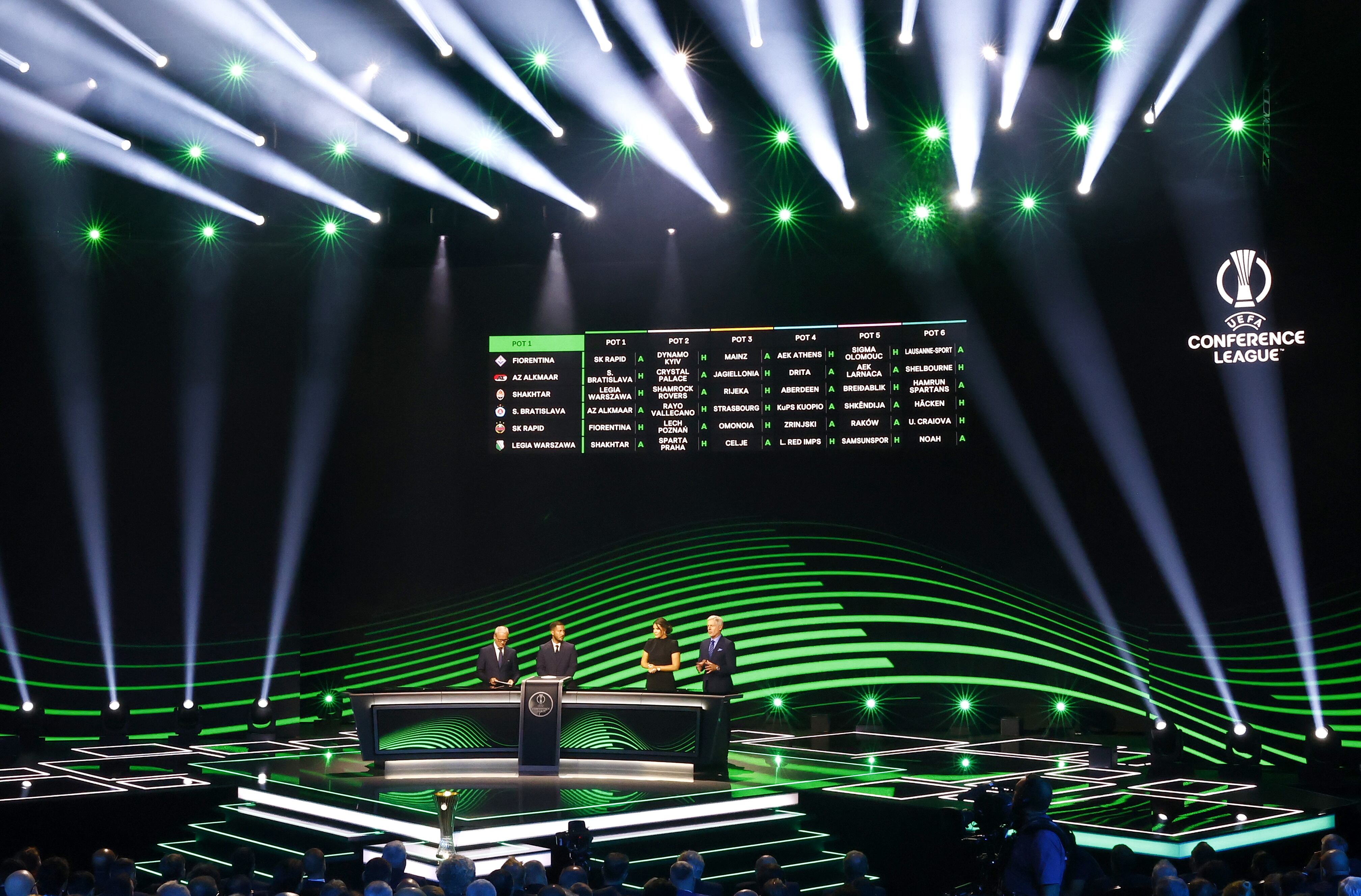 Monaco (Monaco), 29/08/2025.- The screen shows the fixtures for the teams in POT 1 in the UEFA Conference League during UEFA Europa League and UEFA Conference League Group league phase draws at the Grimaldi Forum in Monaco, 29 August 2025. EFE/EPA/MOHAMMED BADRA
