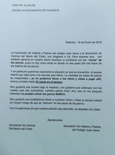 Carta dirigida por los afectados al Alcalde de Palencia