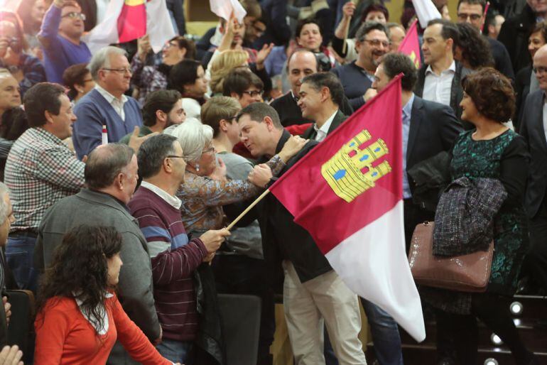 Emiliano García-Page y Manuel González Ramos en el mitin celebrado en la Facultad de Farmacia de Albacete