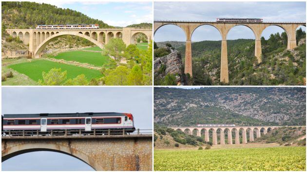 El tren regional Madrid-Cuenca-Valencia servido por un automotor 592 pasando por los viaductos del Royo, los imposibles y Arguisuelas, entre Cuenca y Utiel.