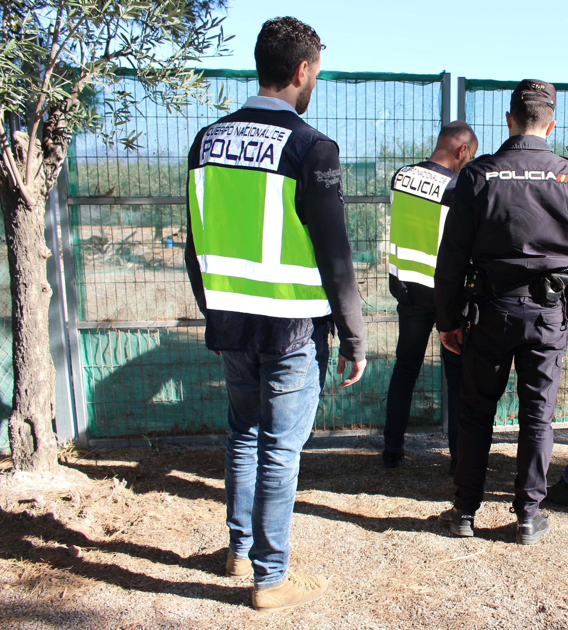 Agentes de la Policía Nacional inspeccionan una de las empresas agrarias investigadas por explotar laboralmente a sus trabajadores.