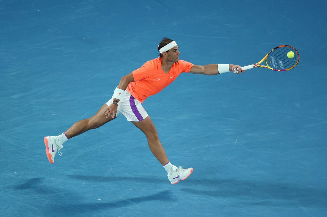.MELBOURNE, AUSTRALIA - FEBRUARY 17: Rafael Nadal of Spain plays a forehand during his Men’s Singles Quarterfinals match against Stefanos Tsitsipas of Greece during day 10 of the 2021 Australian Open at Melbourne Park on February 17, 2021 in Melbourne,