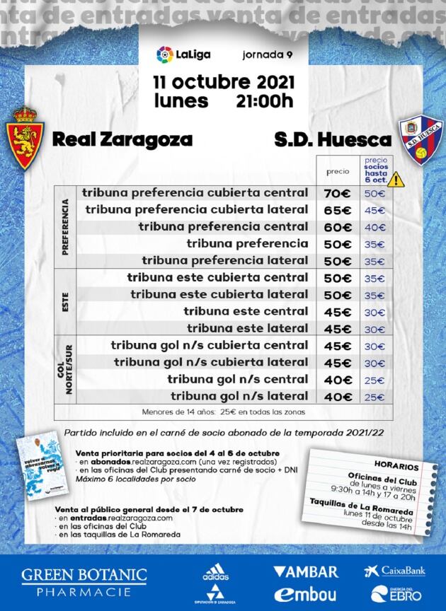 Lista de precios de las entradas para el Real Zaragoza-SD Huesca