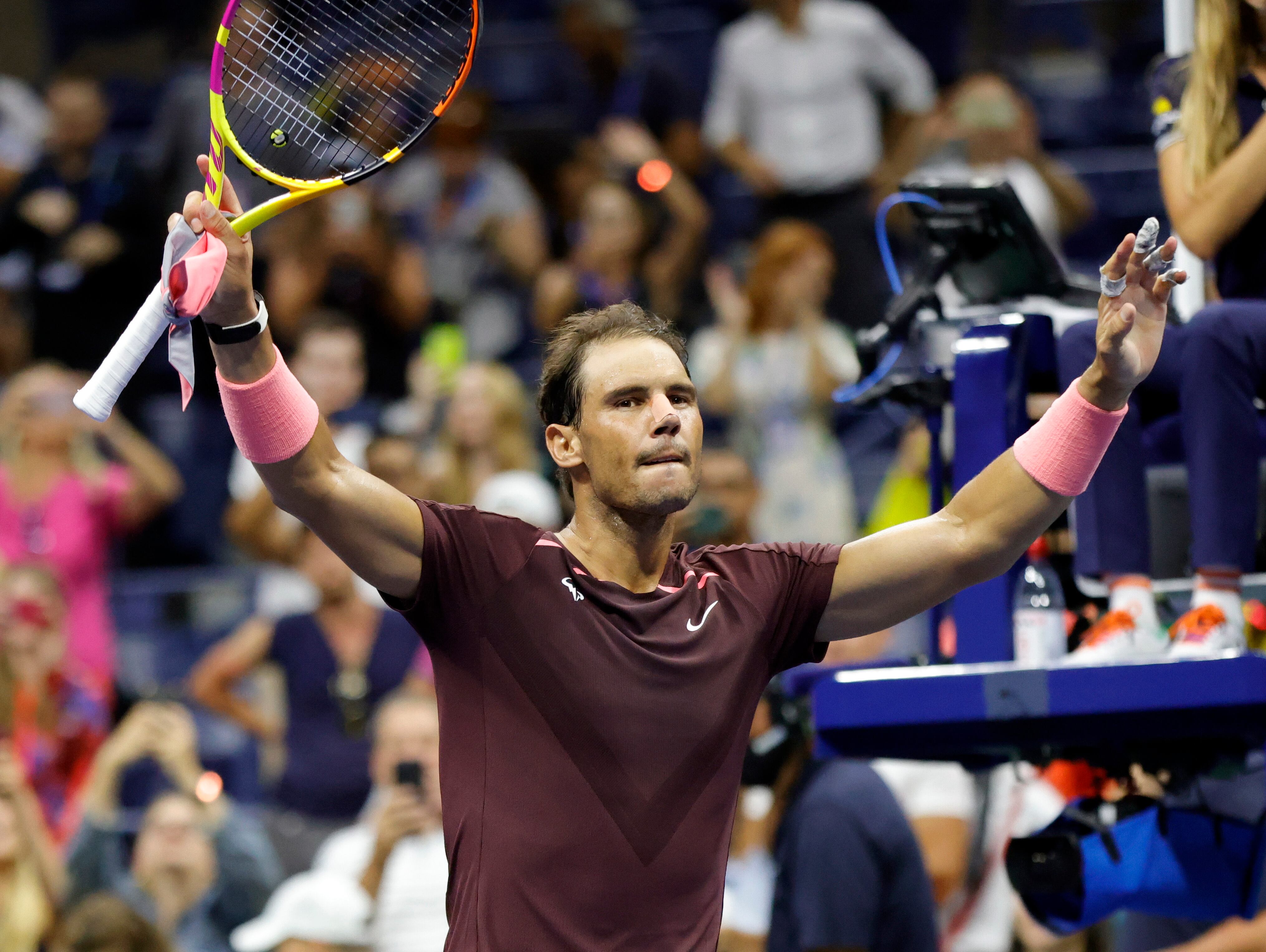 Flushing Meadows (United States), 02/09/2022.- Rafael Nadal of Spain reacts after defeating Fabio Fognini of Italy during their second round match during the US Open Tennis Championships at the USTA National Tennis Center in Flushing Meadows, New York, USA, 01 September 2022. The US Open runs from 29 August through 11 September. (Tenis, Abierto, Italia, España, Estados Unidos, Nueva York) EFE/EPA/JASON SZENES
